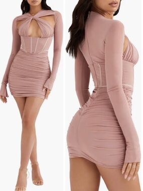 HOUSE OF CB Adanna Long Sleeve Mesh Corset Mini Dress Mauve Pink Size Medium